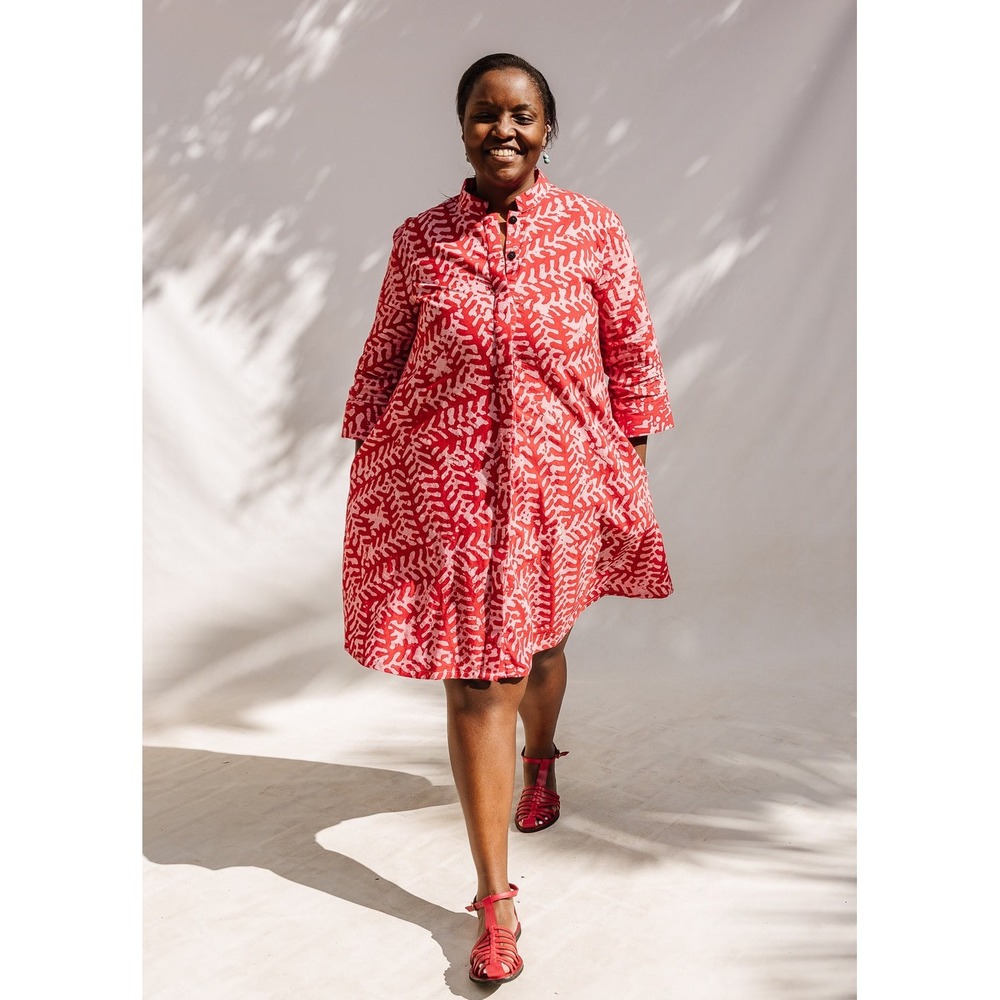 Zuri Kenya Just One Dress Red White Abstract Cotton Shirt Dress Tunic Large